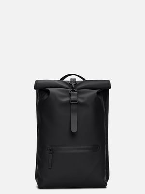 1. Rains Rolltop Rucksack with roll-top opening and carabiner closure Black