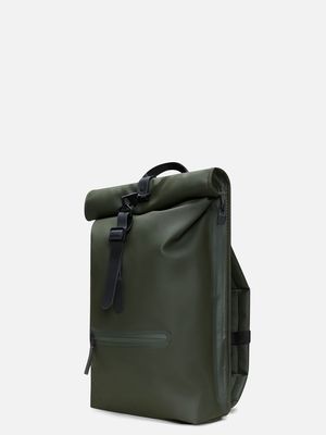 2. Rains Rolltop Rucksack with roll-top opening and carabiner closure Green