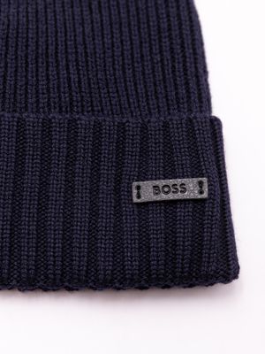 2. BOSS Men's Ribbed Wool Hat with Logo Plaque Blue