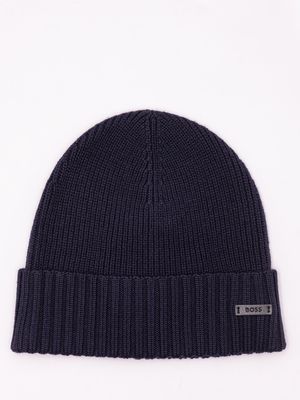 1. BOSS Men's Ribbed Wool Hat with Logo Plaque Blue