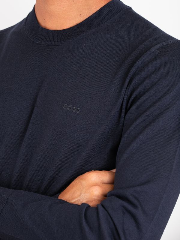 4. BOSS Men's Crew Neck Wool Sweater with Tone-on-Tone Logo Blue BOSS 50571914