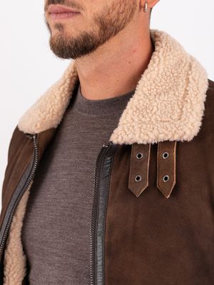 Giacca Bomber Uomo Heskimo in Pelle Scamosciata con Collo in Montone ...
