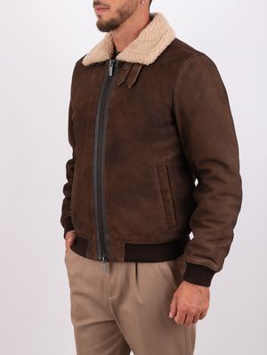 Giacca Bomber Uomo Heskimo in Pelle Scamosciata con Collo in Montone ...