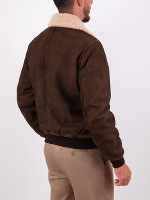 Giacca Bomber Uomo Heskimo in Pelle Scamosciata con Collo in Montone ...